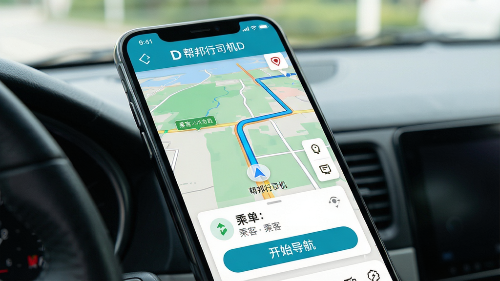 主体：司机手机屏幕显示帮邦行司机D导航界面，路线清晰；布局：导航地图占据主要画面，底部有接单卡片；排版：地图路线用蓝色线条，接单卡片显示乘客信息；风格：写实与UI结合，色彩明亮；细节：地图上有实时路况颜色标记，卡片上有“开始导航”按钮；画质：高清，干净，无多余元素。