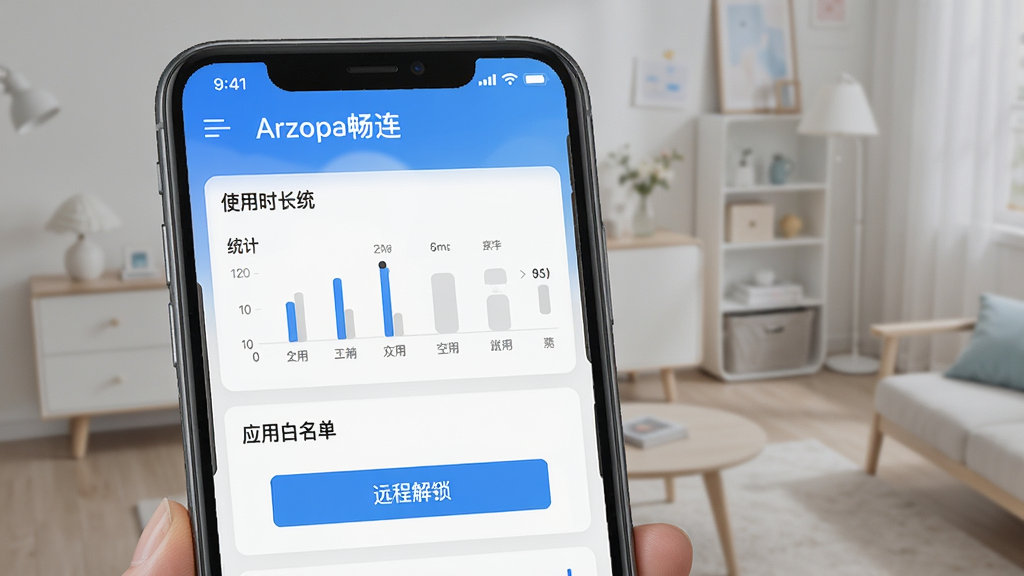 展示Arzopa畅连家长管控功能的界面截图预览图，画面主体是手机端管控面板，清晰显示“Arzopa畅连”软件名称，界面上有使用时长统计、应用白名单设置、远程解锁按钮等模块，布局简洁，排版清晰，风格清爽，细节真实，画质高清，干净无多余元素