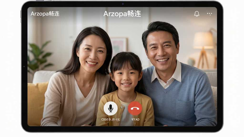 展示Arzopa畅连音视频畅聊功能的界面预览图，画面主体是视频通话界面，屏幕上方有“Arzopa畅连”水印，画面中一家人正通过Arzopa自由屏与远方的亲人视频通话，界面清晰显示通话时长、静音、挂断按钮，布局自然，排版舒适，风格温馨，细节真实，画质高清，干净无多余元素
