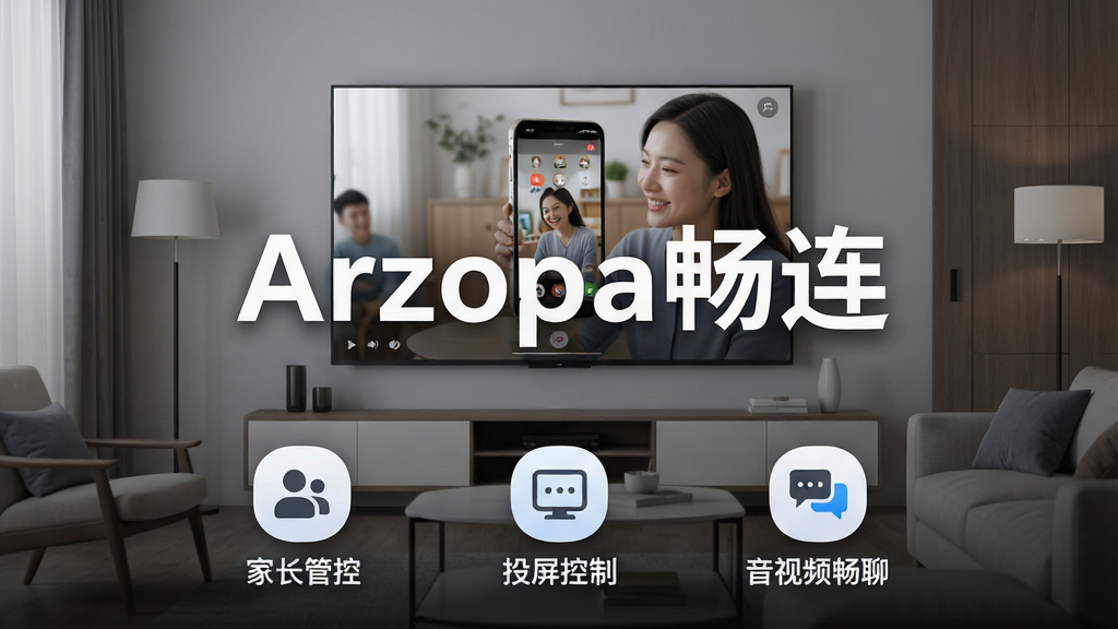 一张展示Arzopa畅连软件核心功能的宣传预览图，画面中央是醒目的软件名称“Arzopa畅连”，背景为现代家庭客厅场景，电视大屏上正显示着手机投屏的精彩画面，画面下方有家长管控、投屏控制、音视频畅聊三个功能图标，整体布局清晰，排版大气，风格简约科技感，细节丰富，画质高清，干净无多余元素