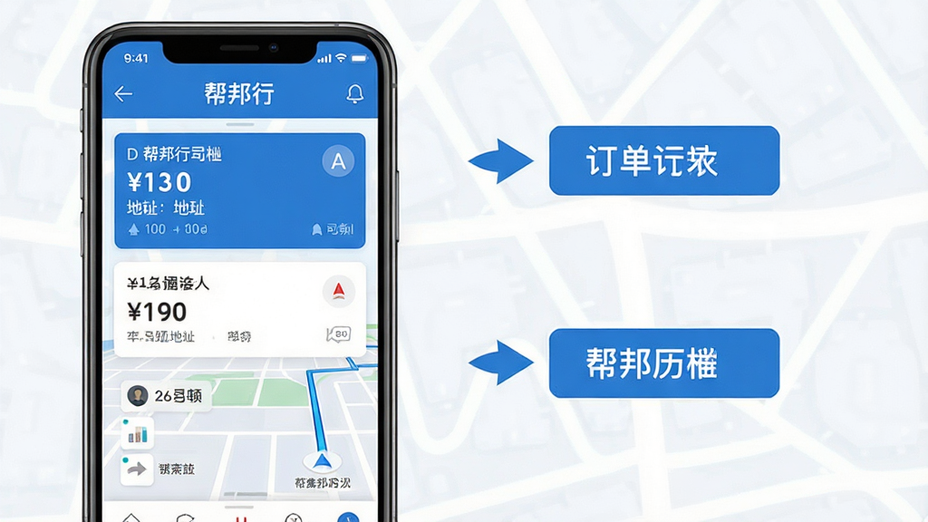 主体：手机屏幕显示帮邦行司机D的订单列表和导航画面；布局：左侧为手机界面，右侧为文字说明标签；排版：界面清晰，标签有箭头指向；风格：扁平化，蓝白配色；细节：订单卡片显示金额和地址，导航画面显示路线；画质：高清，干净，无多余元素。
